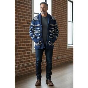 Old Navy Cardigan Sweater Shawl Collar Wool Blend Blue Fair Isle Dad Mens Size L